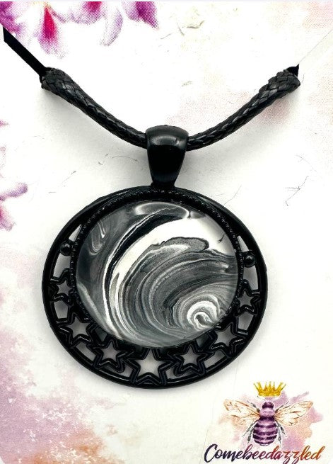 Black and White Swirled Hand-Painted Starry Night Pendant