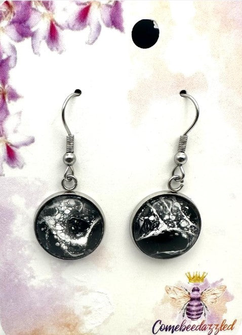 Hand Painted Black and White Round Earrings