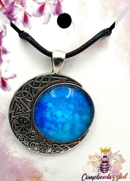 Hand-Painted Moon Glass Cabochon in Shades of Blue and Turquoise
