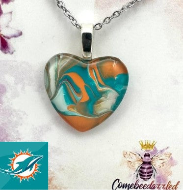 Miami Dolphins Hand Painted Glass Heart Pendant