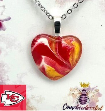 Kansas Chiefs Hand Pained Glass Heart Pendant