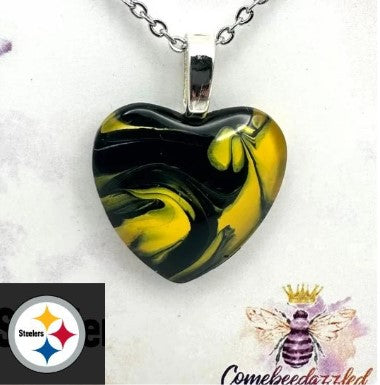 Pittsburg Steelers Hand Painted Glass Heart Pendant