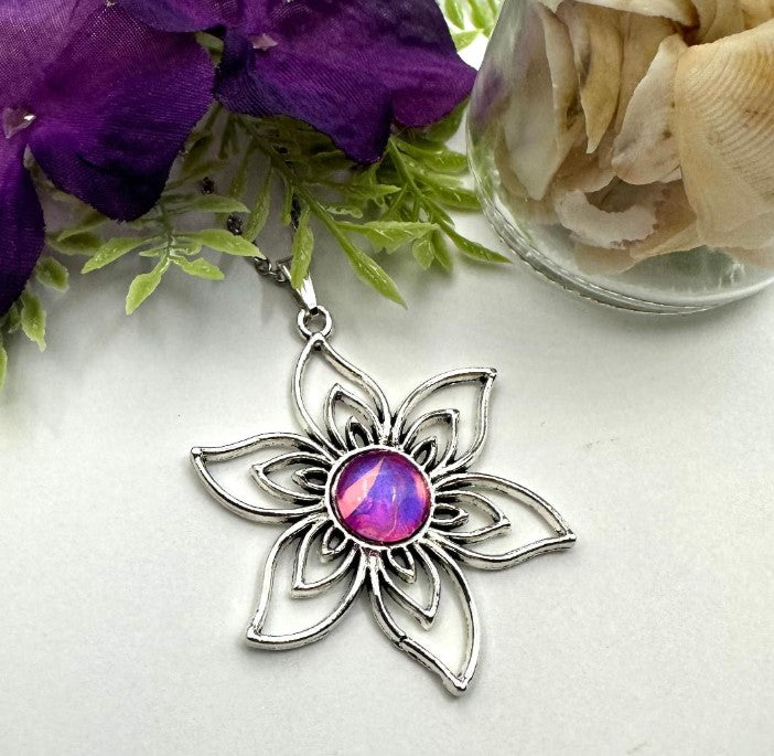 Lotus Flower With Hand Painted Glass Pink/Purple Cabochon