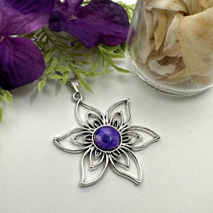 Lotus Flower With Hand Painted Purple Glass Cabochon