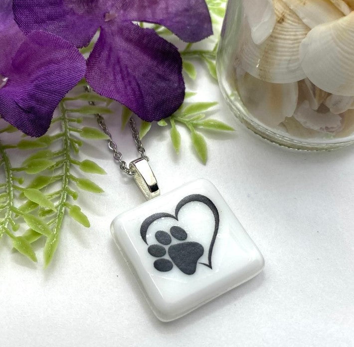 Glass Fused Dog Paw Print Memorial Pendant