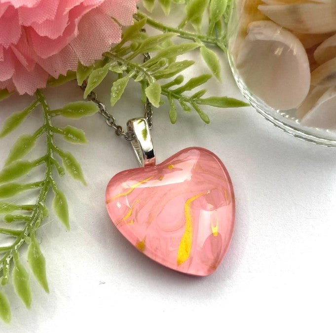 Hand-Painted Glass Cabochon Heart in Soft Pink and Gold