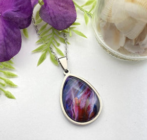 Hand-Painted Glass Cabochon Teardrop Pendant in Red, Purple and Blue
