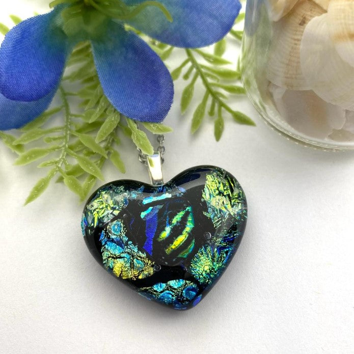 Fused Dichroic Glass Heart Pendant in Shades of Green and Blue