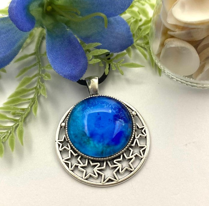 Hand-Painted Glass Cabochon in Shades of Blue and Turquoise – "Starry Night" Pendant