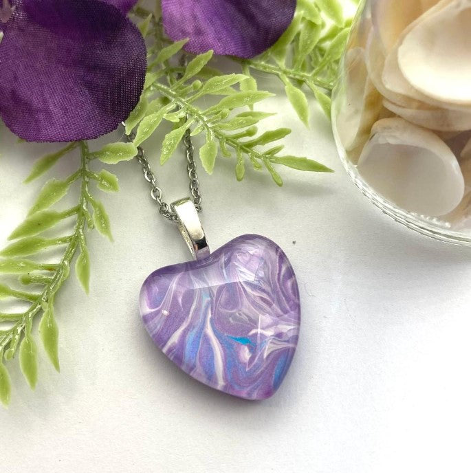 Hand-Painted Glass Cabochon Heart in Purple, White and Blue