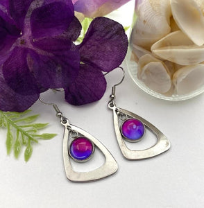 Purple and Magenta Hand Painted Glass Cabochon Silver Triangular Earrings