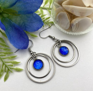 Blue Circle Hand Painted Glass Cabochon Earrings