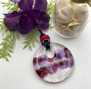 Cranberry and Purple Round Donut Style Glass Fused Pendant