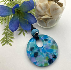 Blue and Turquoise Round Donut Style Glass Fused Pendant