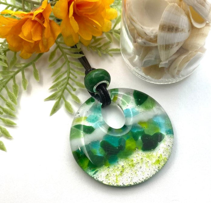 Round Donut Style Glass Fused Pendant- Green