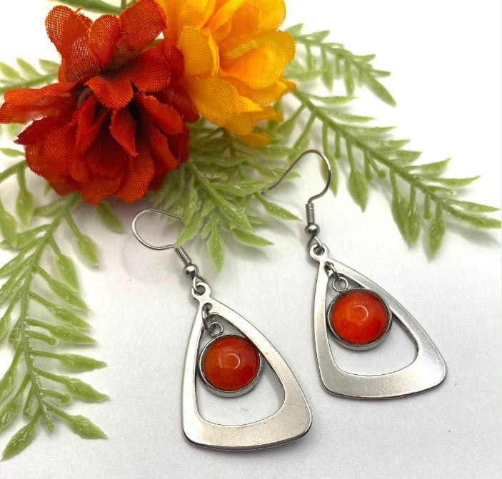 Rusty Red Hand Painted Glass Cabochon Silver Triangular Earrings