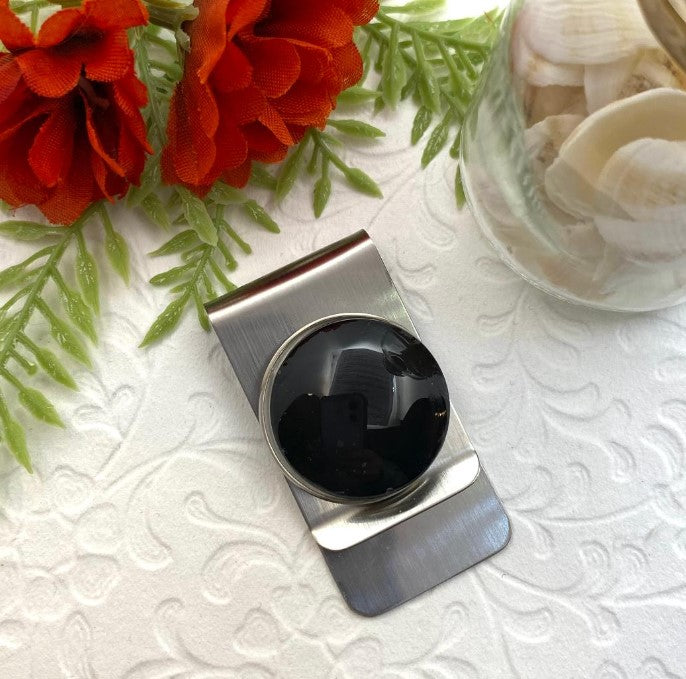 Black Glass Cabochon Stainless Steel Money Clip