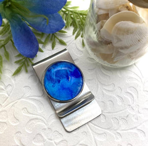 Men's Money Clip with Hand Painted Blue Glass Cabochon