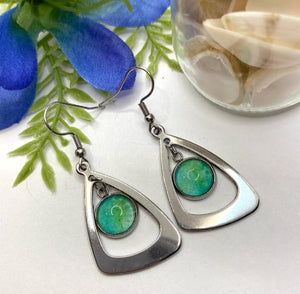 Hand Painted Green Glass Cabochon Triangular Earrings