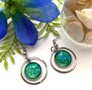 Hand Painted Green Glass Cabochon Circular Earrings