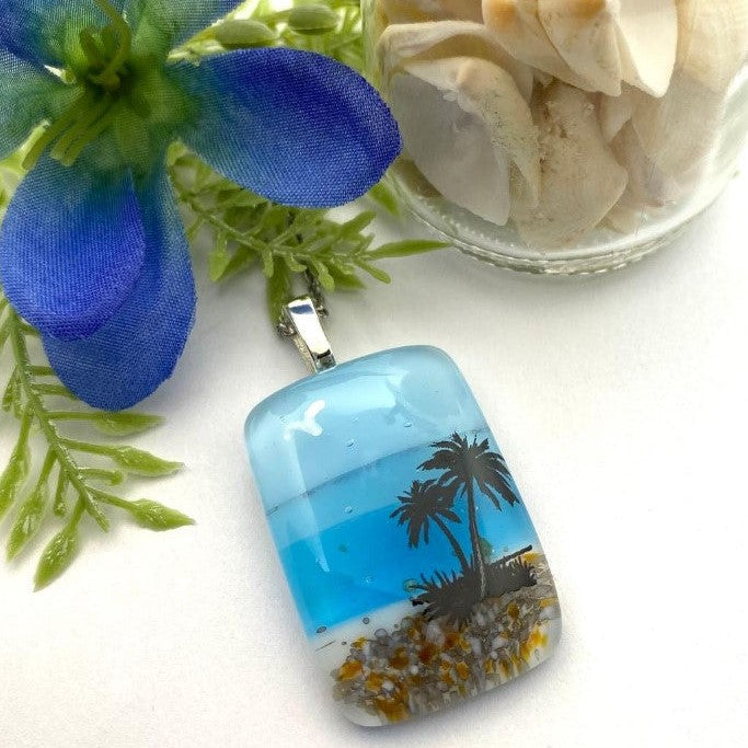 Fused Glass Beach Memorial Pendant with Palm Tree