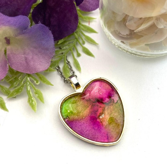 Hand Painted Glass Heart Pendant. Pink and Green