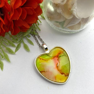 Hand Painted Glass Heart Pendant. Green, Orange and Yellow