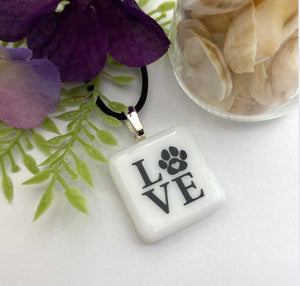 LOVE  Paw Print Glass Fused Pendant