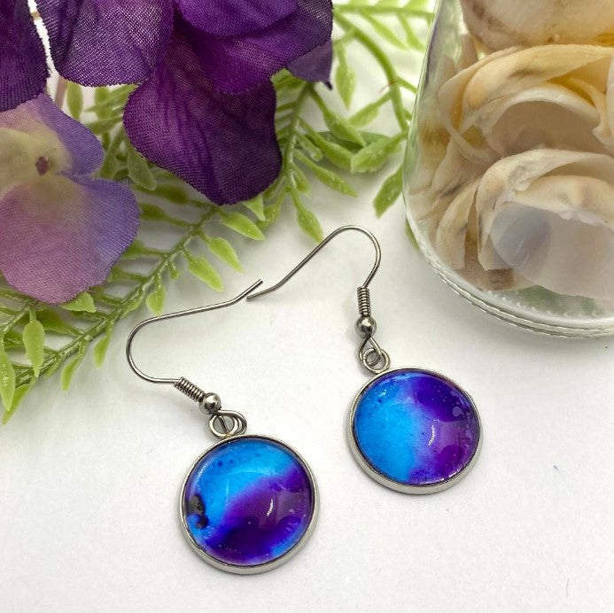 Purple and Blue Hand Painted Glass Earrings