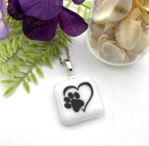 Paw Print Heart Glass Fused Pendant