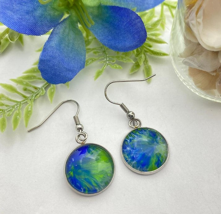 Blue and Green Hand Painted Glass Earrings