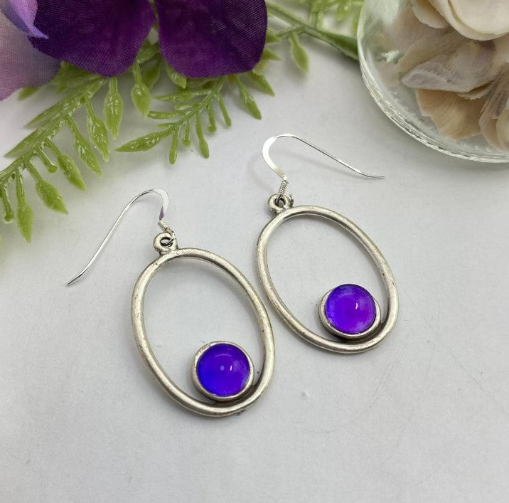 Purple Oval Hand Painted Glass Earrings