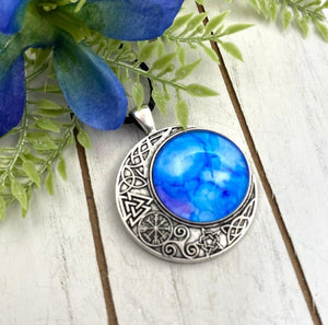 Hand Painted Glass Cabochon Moon Pendant