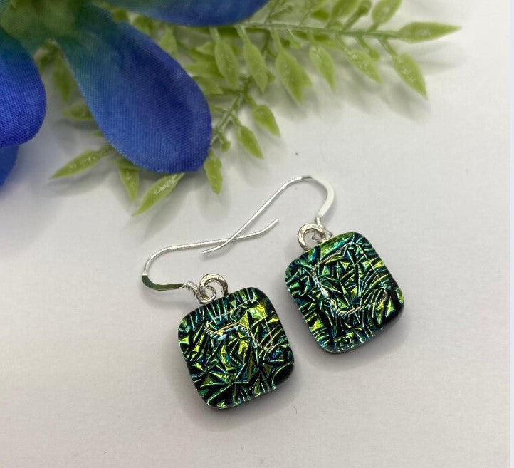 Emerald Green Crinkle Glass Fused Earrings