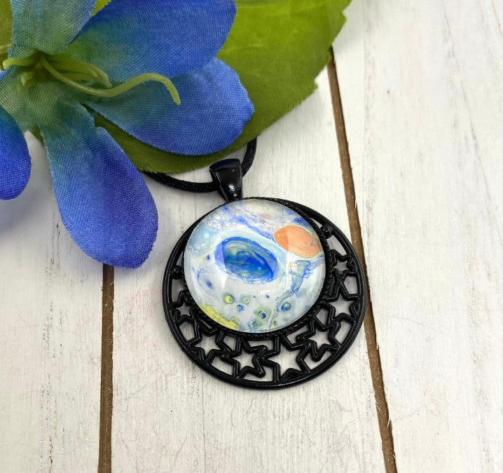 Hand Painted Starry Night Glass Cabochon Pendant -Blue/White/Orange/Yellow