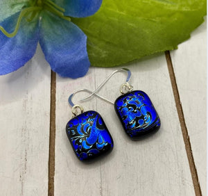 Blue and Black Patterned Glass Fused Earrings