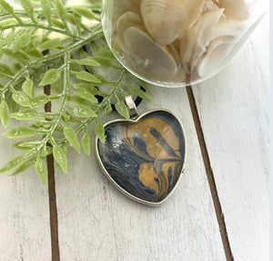 Hand Painted Glass Heart Pendant. Black and Gold