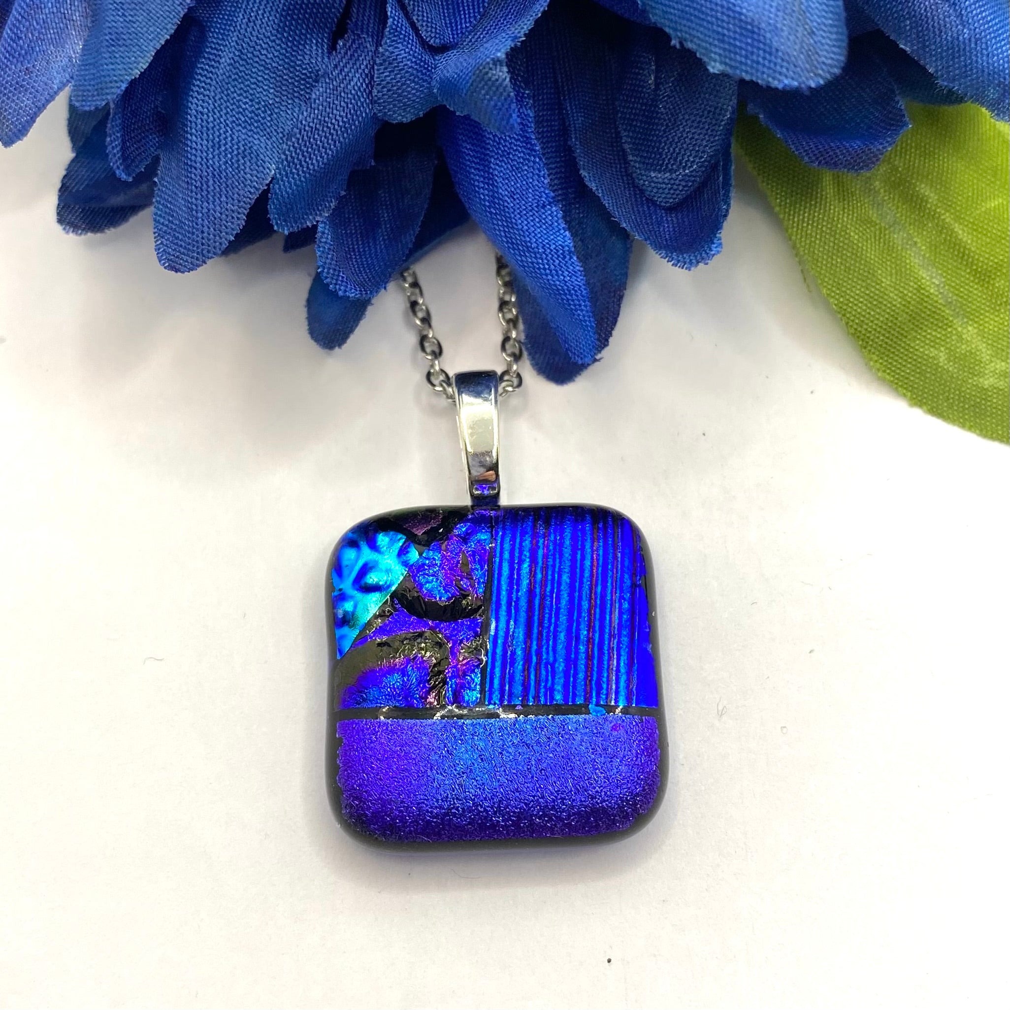 Mosaic Dichroic Glass Fused Pendant Turquoise/Blue and Purple