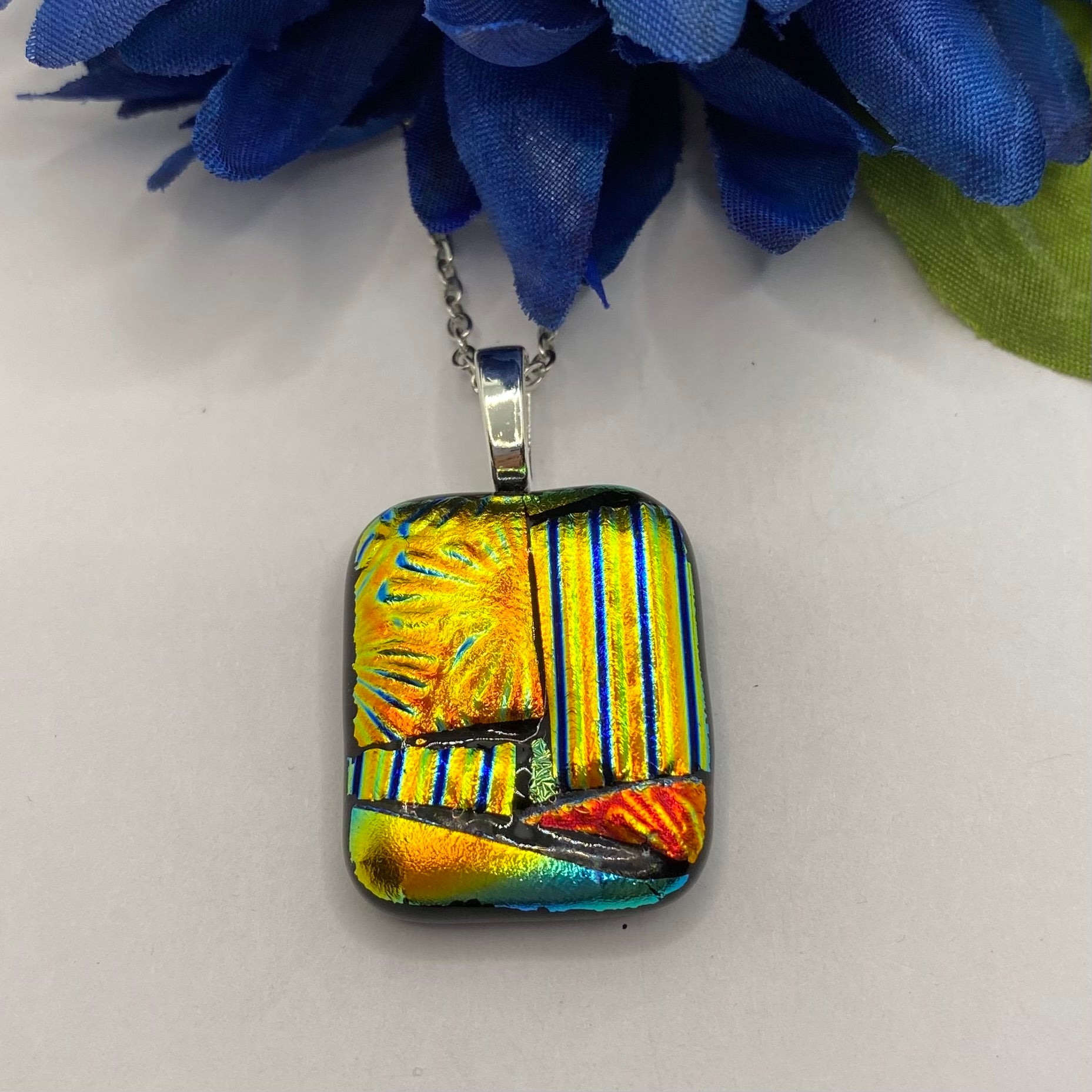 Mosaic Dichroic Glass Fused Pendant / Gold, Black, Blue and Amber