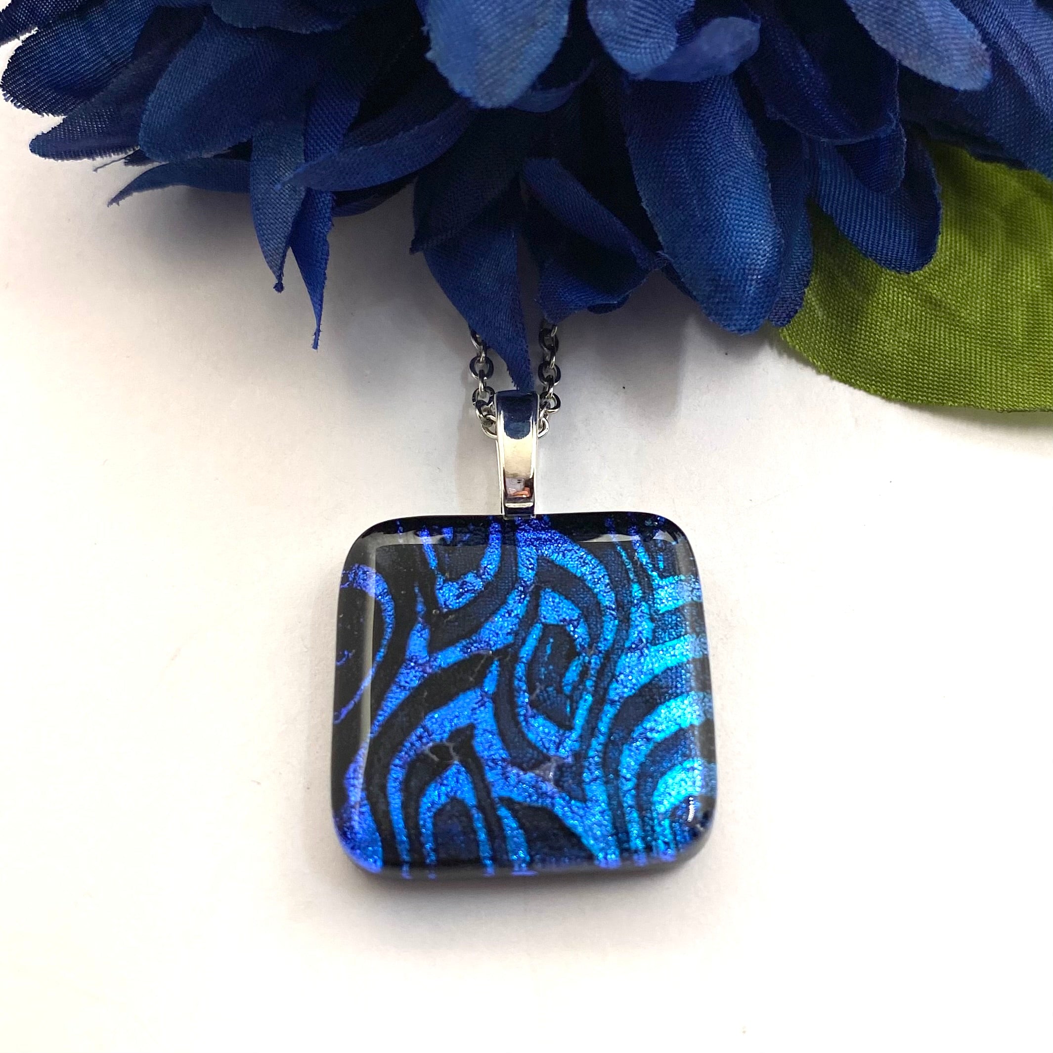 Blue Flame Design Hand Etched Dichroic Glass Fused Pendant