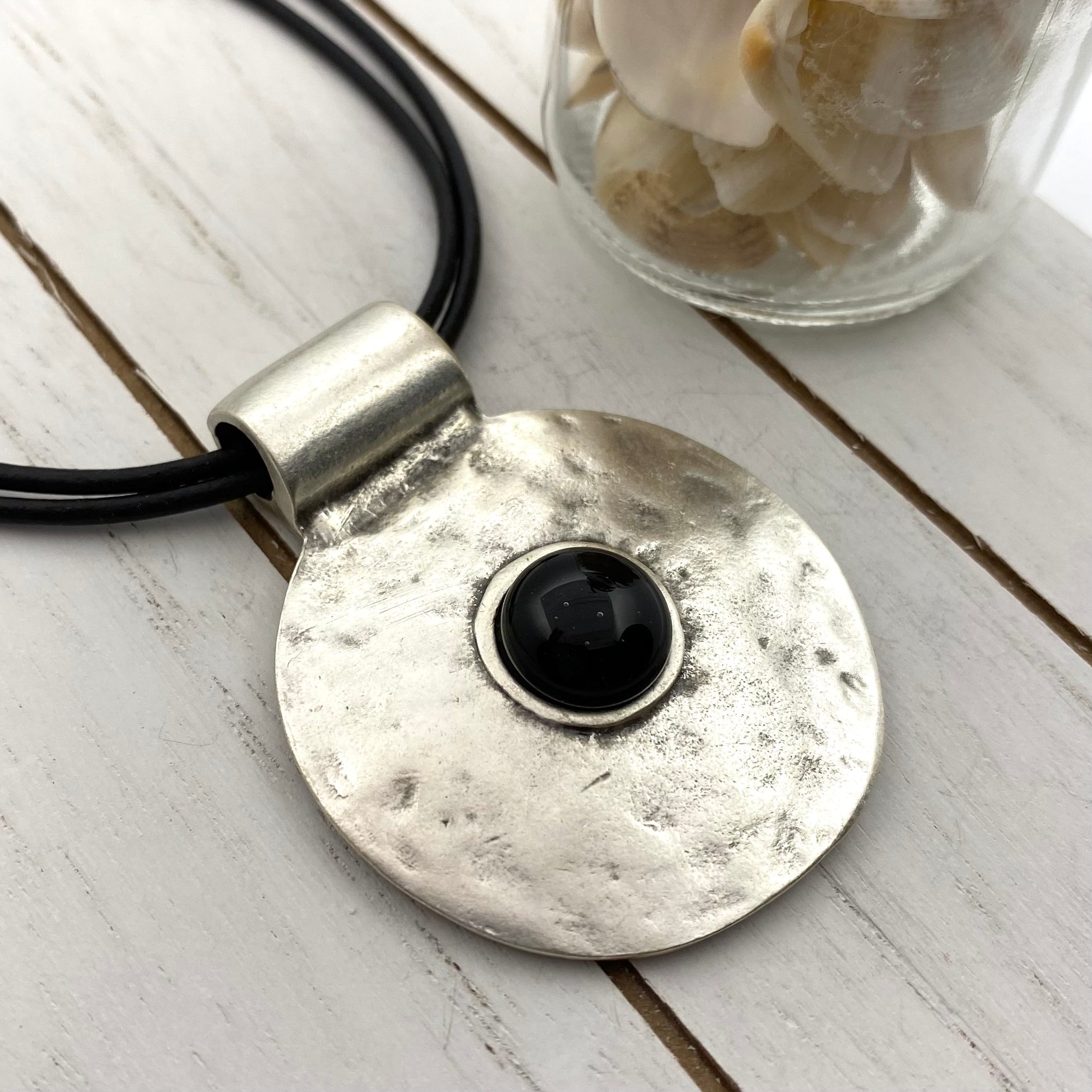 Antique Silver Plated Round Hammered Medallion Pendant with Black Cabochon