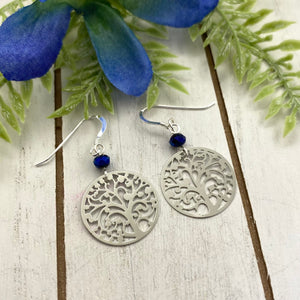 Tree of Life Metal Earrings With a Blue Crystal Bead