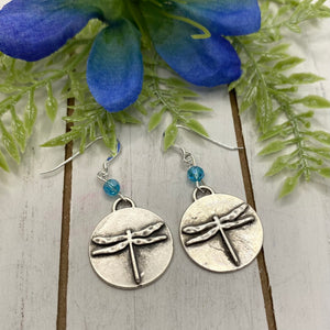 Antique Silver Metal Dragonfly Earrings With a Aqua Bead