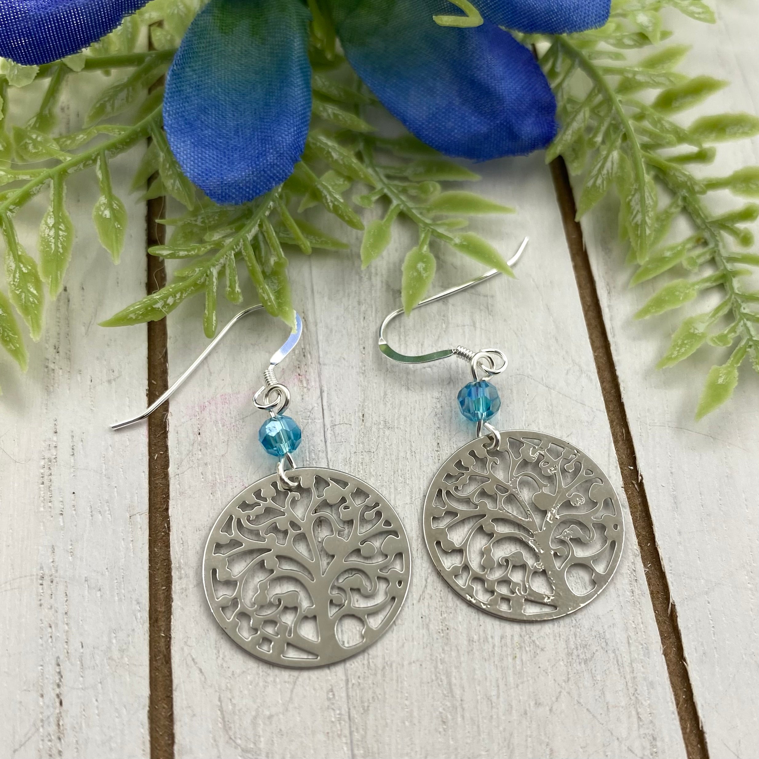 Tree of Life Metal Earrings With Aqua Crystal Bead