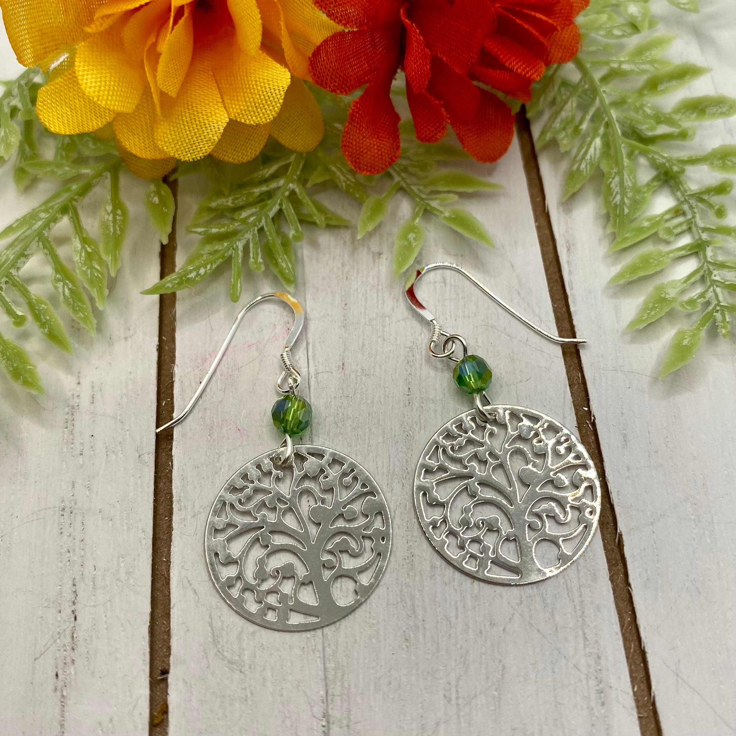 Tree of Life Earrings With a Green Crystal Bead