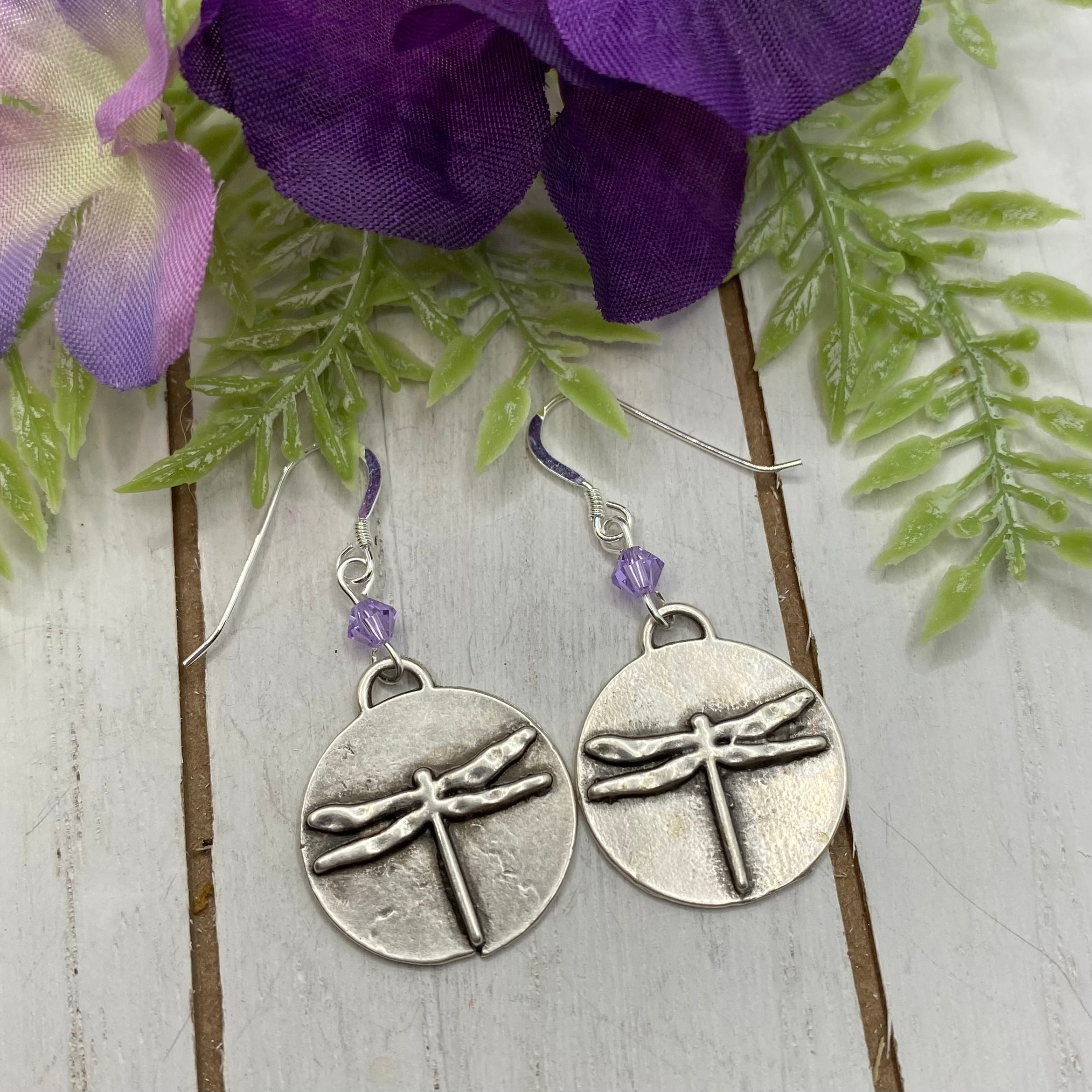 Antique Silver Metal Dragonfly Earrings With a Purple Crystal Bead