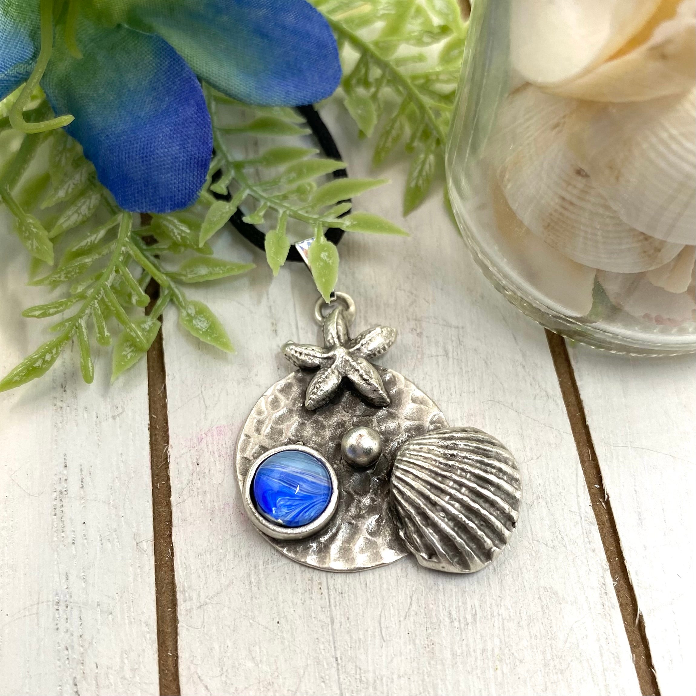 Antique Silver Beach Shell Pendant with a Blue Hand Painted Glass Cabochon