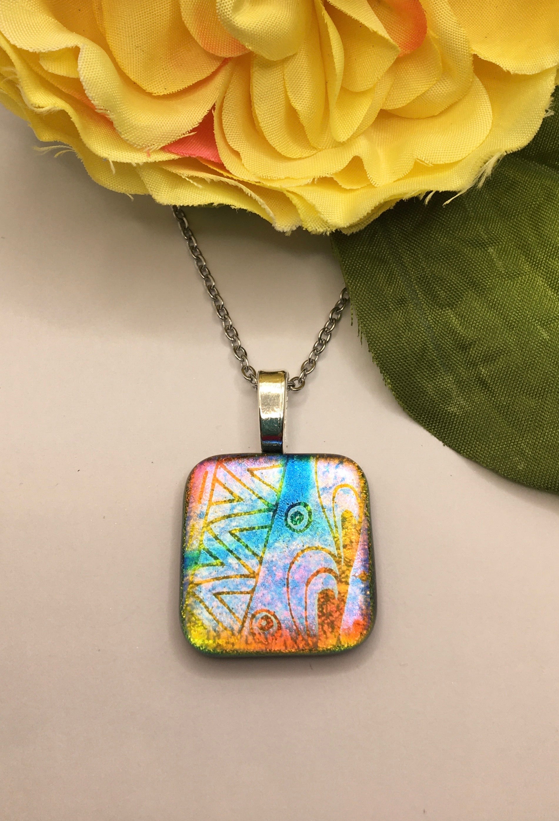 Dichroic Glass Fused Necklace with an Aztec pattern