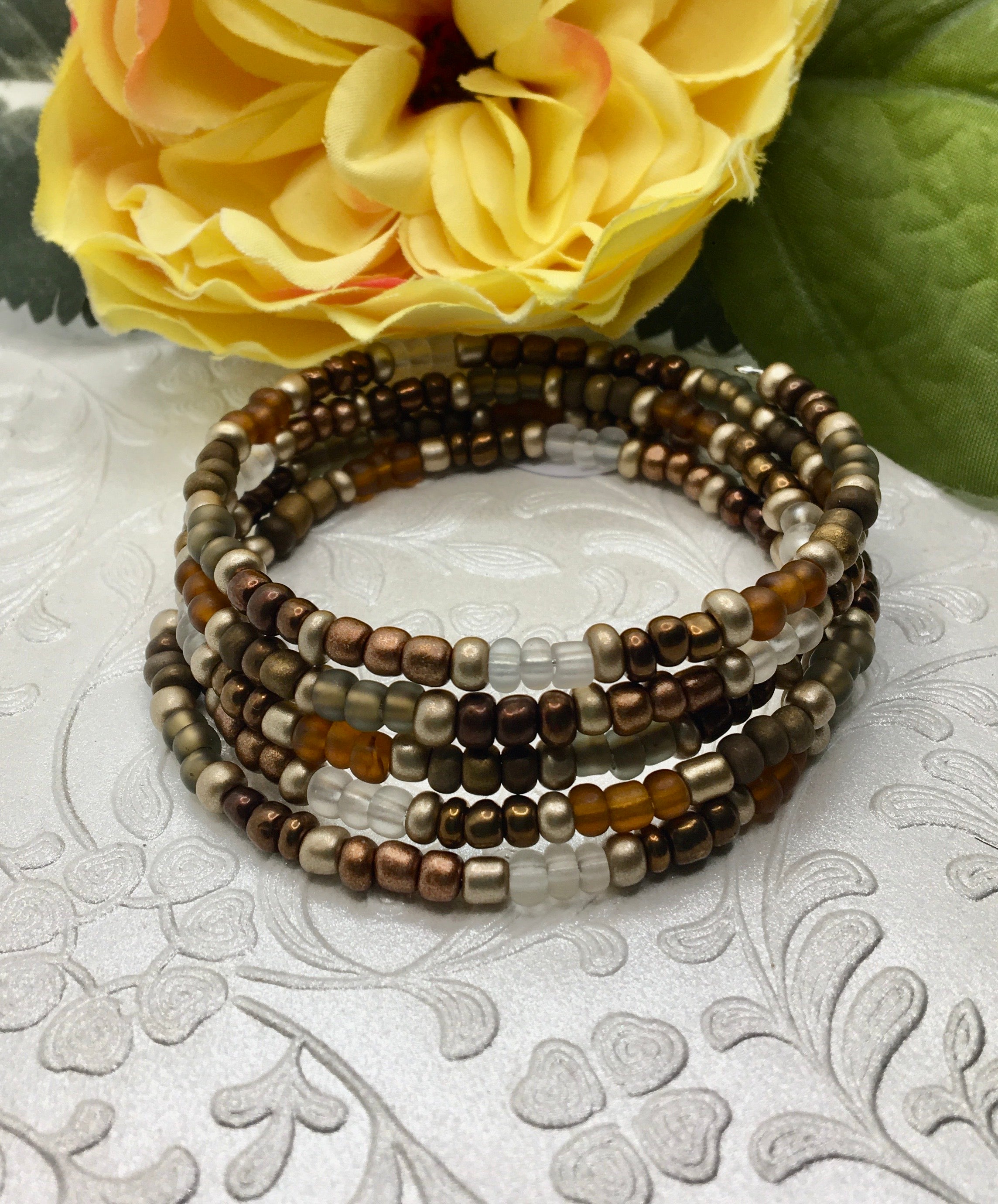 Wire Wrap Beaded Bracelet with shades of Browns, Copper and Clear beads