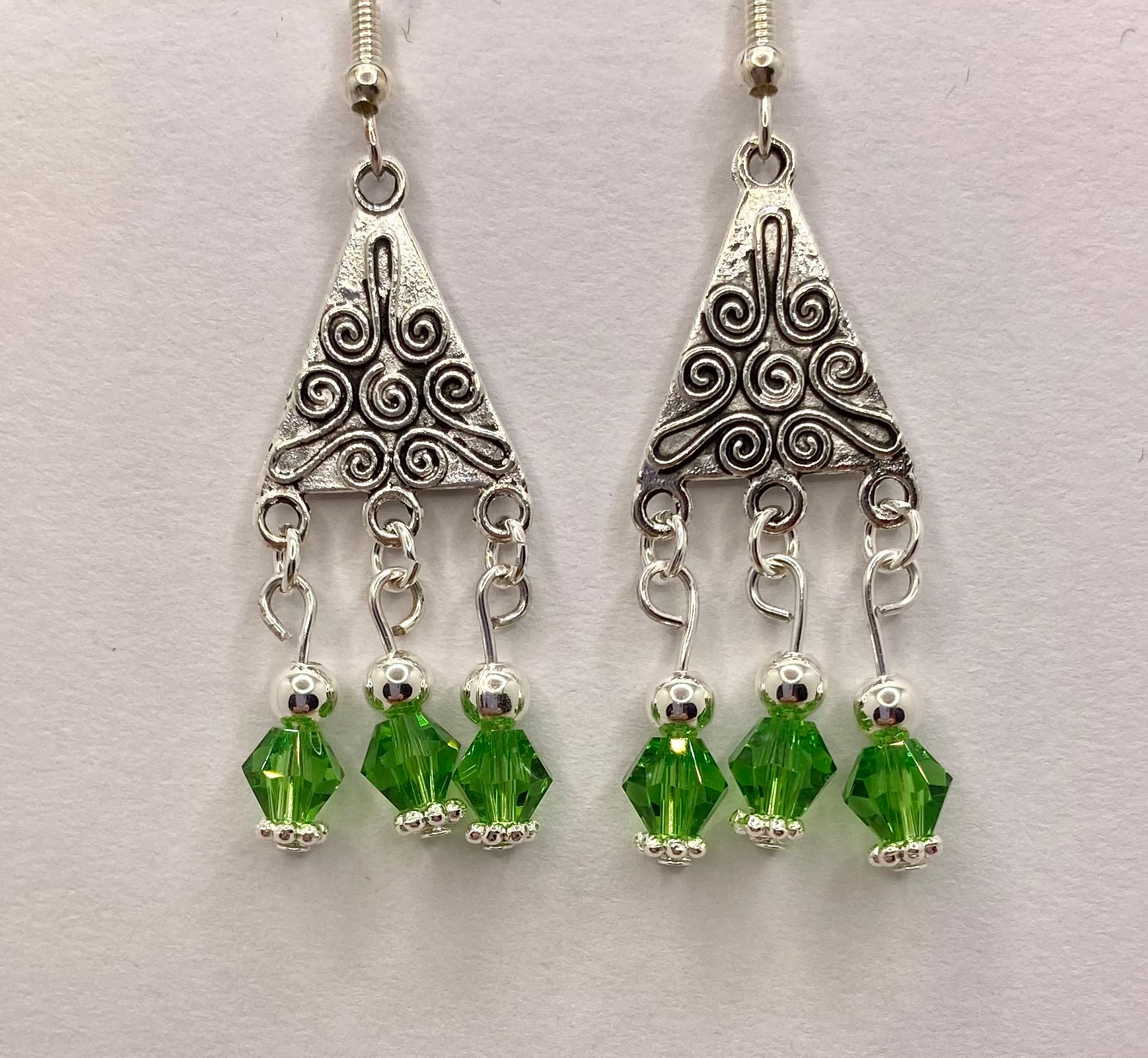 Silver Triangular Green Czech Chandelier Earrings